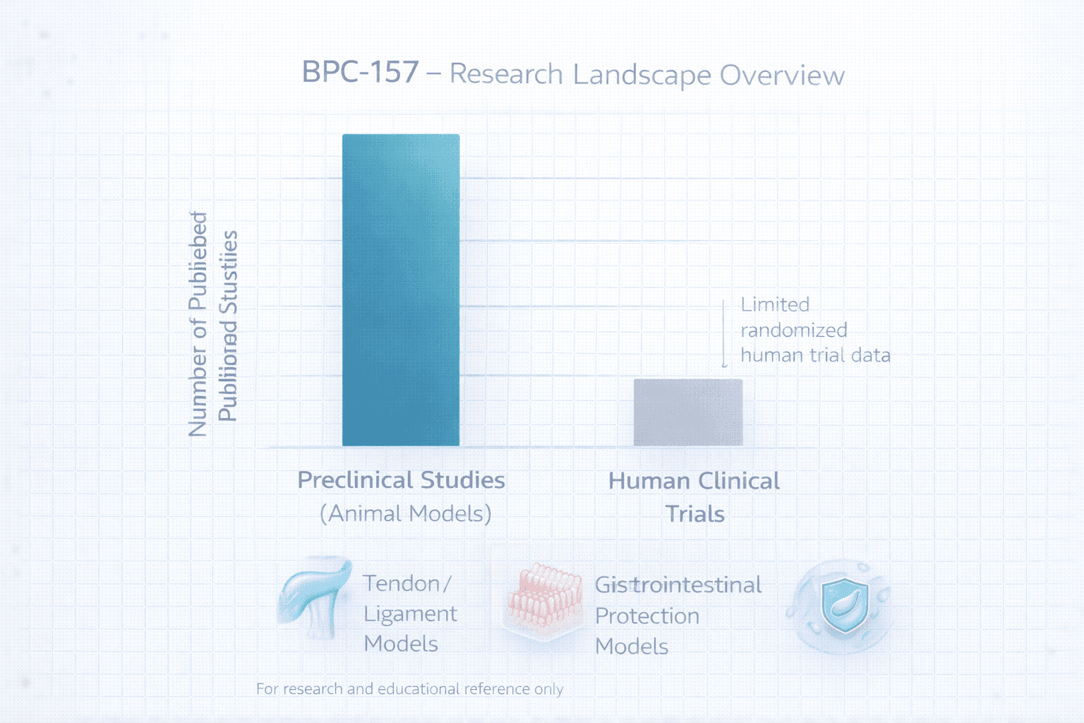 Clinical evidence chart showing BPC-157 publication breadth, strong preclinical data, and limited human trial outcomes.