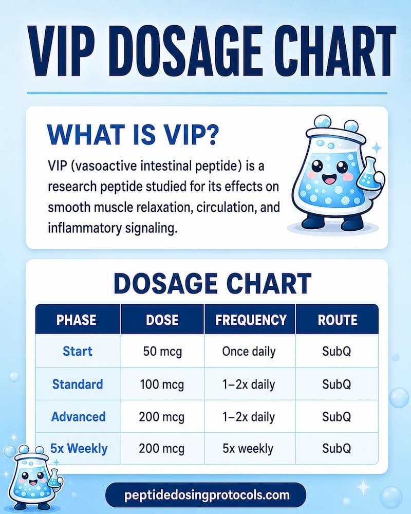 VIP dosage chart with SubQ research dosing phases from 50 mcg to 200 mcg.